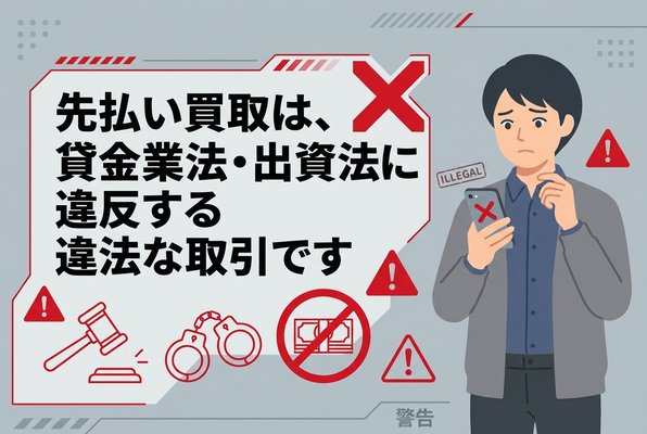 先払い買取は、貸金業法・出資法に違反する違法な取引です