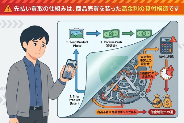 先払い買取の仕組みは、商品売買を装った高金利の貸付構造です